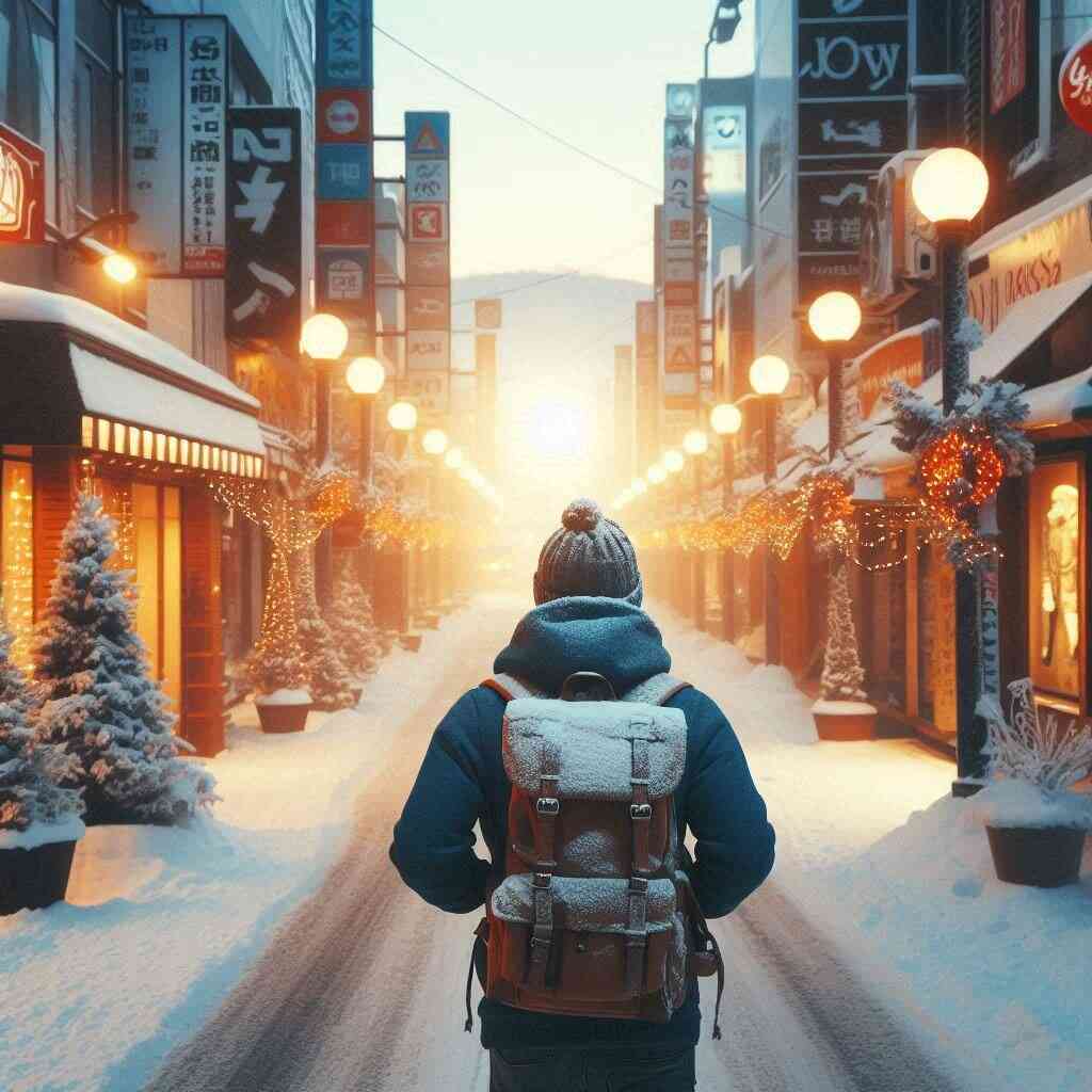 A lone traveler walking through a snowy, lantern-lit street in Asahikawa, holiday decorations glowing warmly, symbolizing hope and determination in a serene winter scene, 16:9