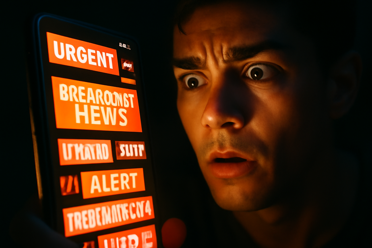 A shocked man illuminated by the intense red glow of urgent breaking news on his smartphone, eyes wide with disbelief, capturing the drama of unexpected information, 16:9