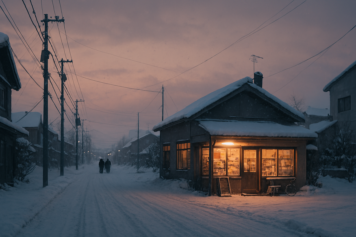 A nostalgic snowy street at dusk in rural Asahikawa, a single warm-lit shop glowing in the cold, evoking comfort, solitude, and the quiet magic of winter, 16:9
