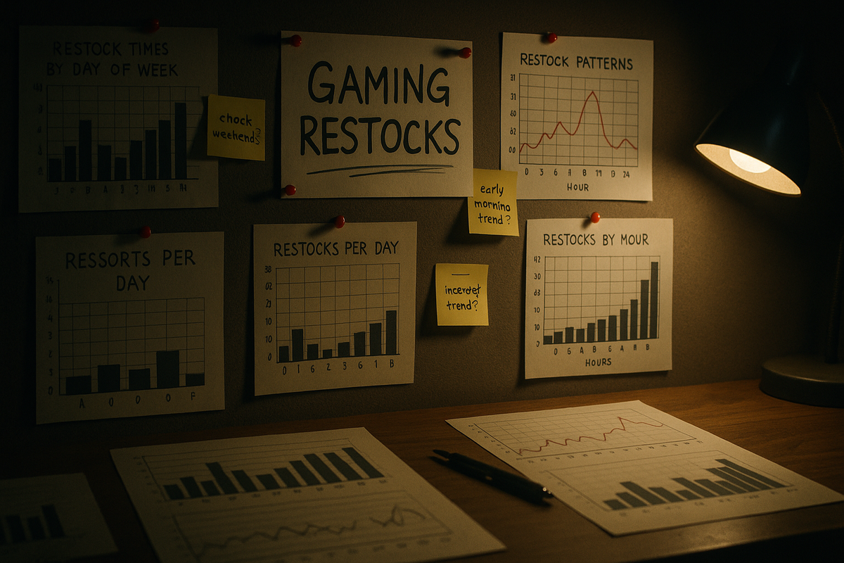 Detailed restock analysis charts on a dimly lit desk, filled with mystery, strategy, and the thrill of the hunt