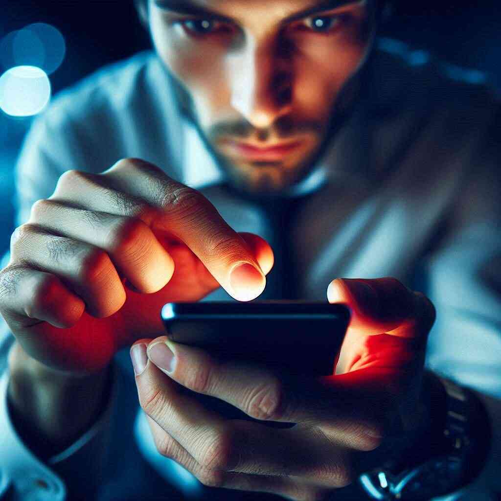 Focused man using smartphone in dramatic lighting, immersed in the intense moment of securing a rare online deal