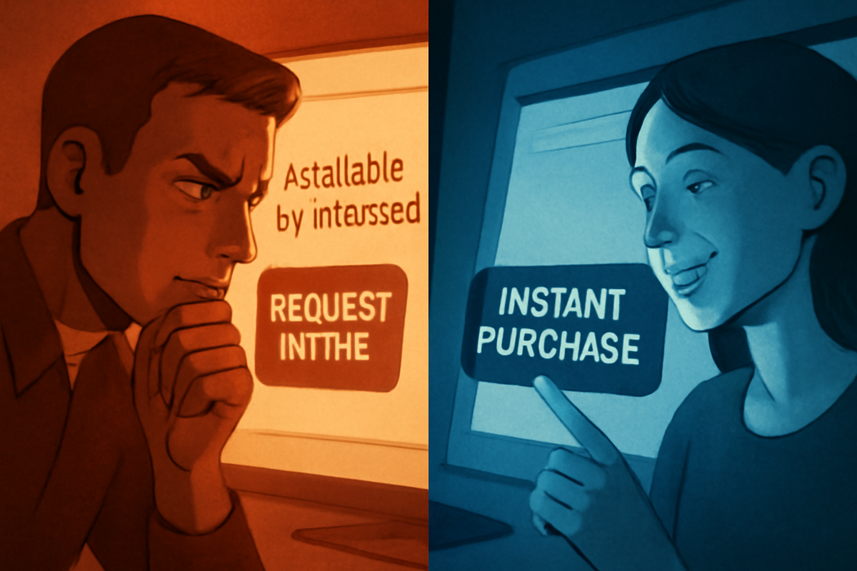 Split-screen of decision making and instant action, capturing the tension and triumph of competitive online shopping