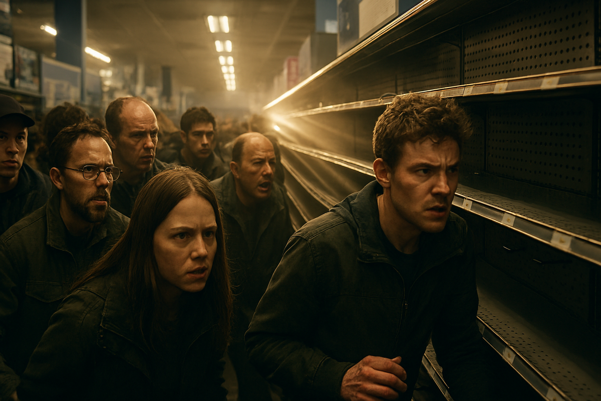 Determined crowd rushing through dim aisles towards scarce stock, filled with urgency and raw competitive energy