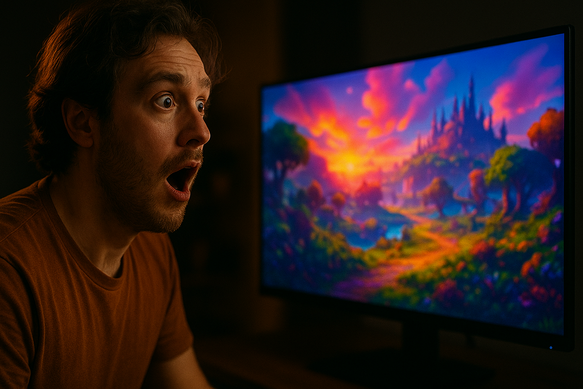 Amazed player staring wide-eyed at a breathtaking fantasy world, immersed in wonder and vibrant colors