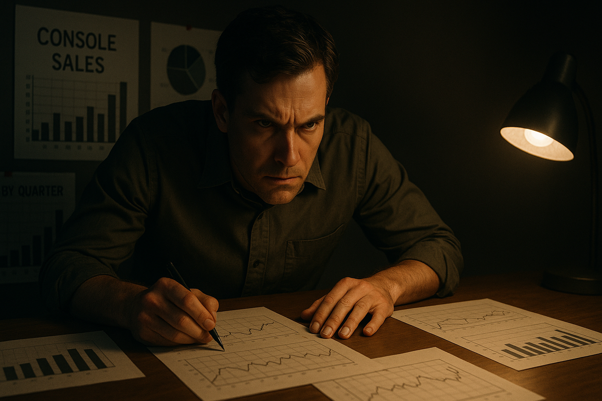Serious analyst studying game sales charts under warm desk light, radiating focus and determination