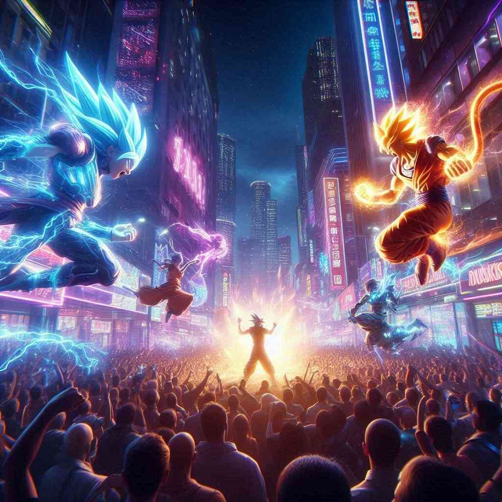Epic anime battle lighting up a neon city night, electrifying energy and fierce anticipation in the crowd