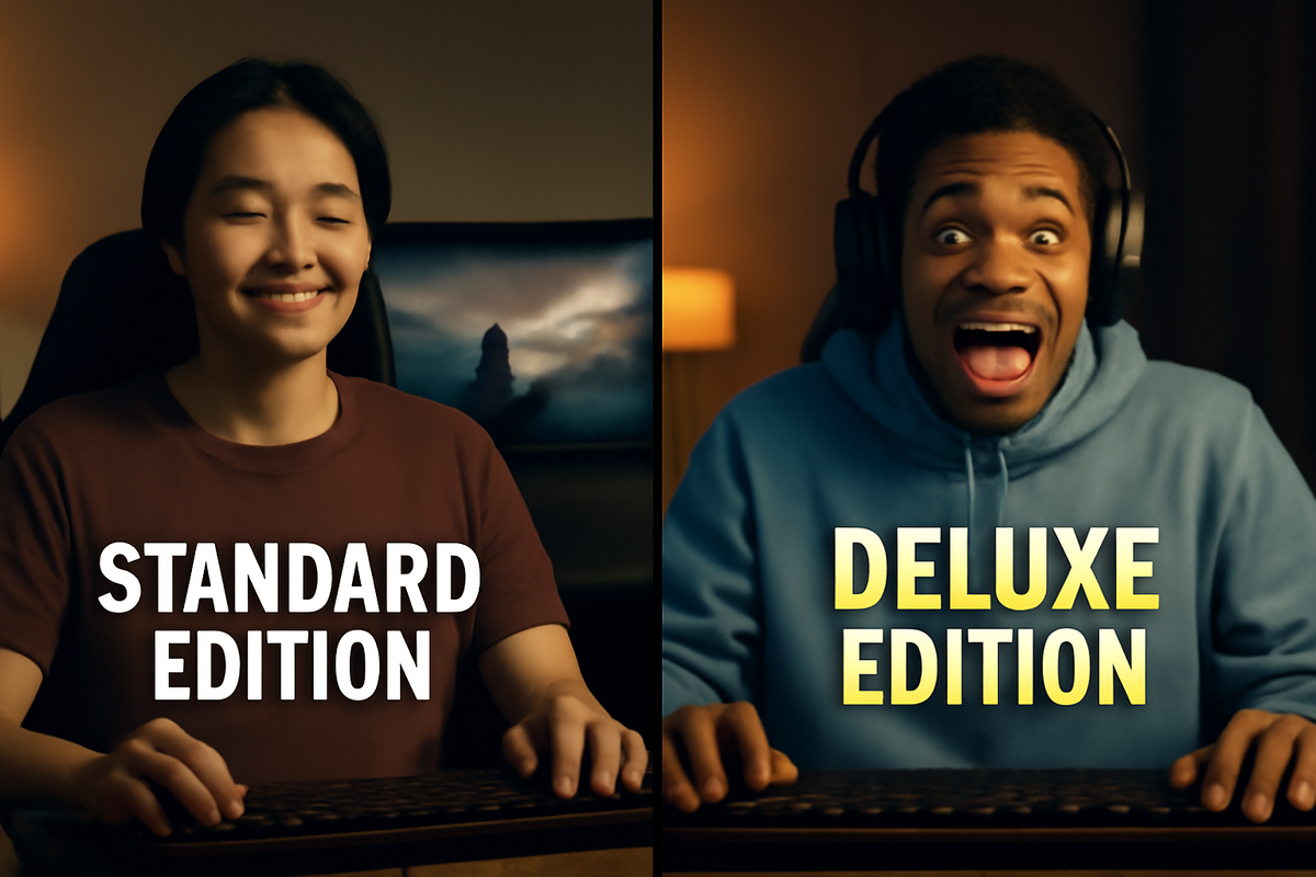 Side-by-side gamers showing calm and pure joy, contrasting standard and deluxe edition gaming experiences