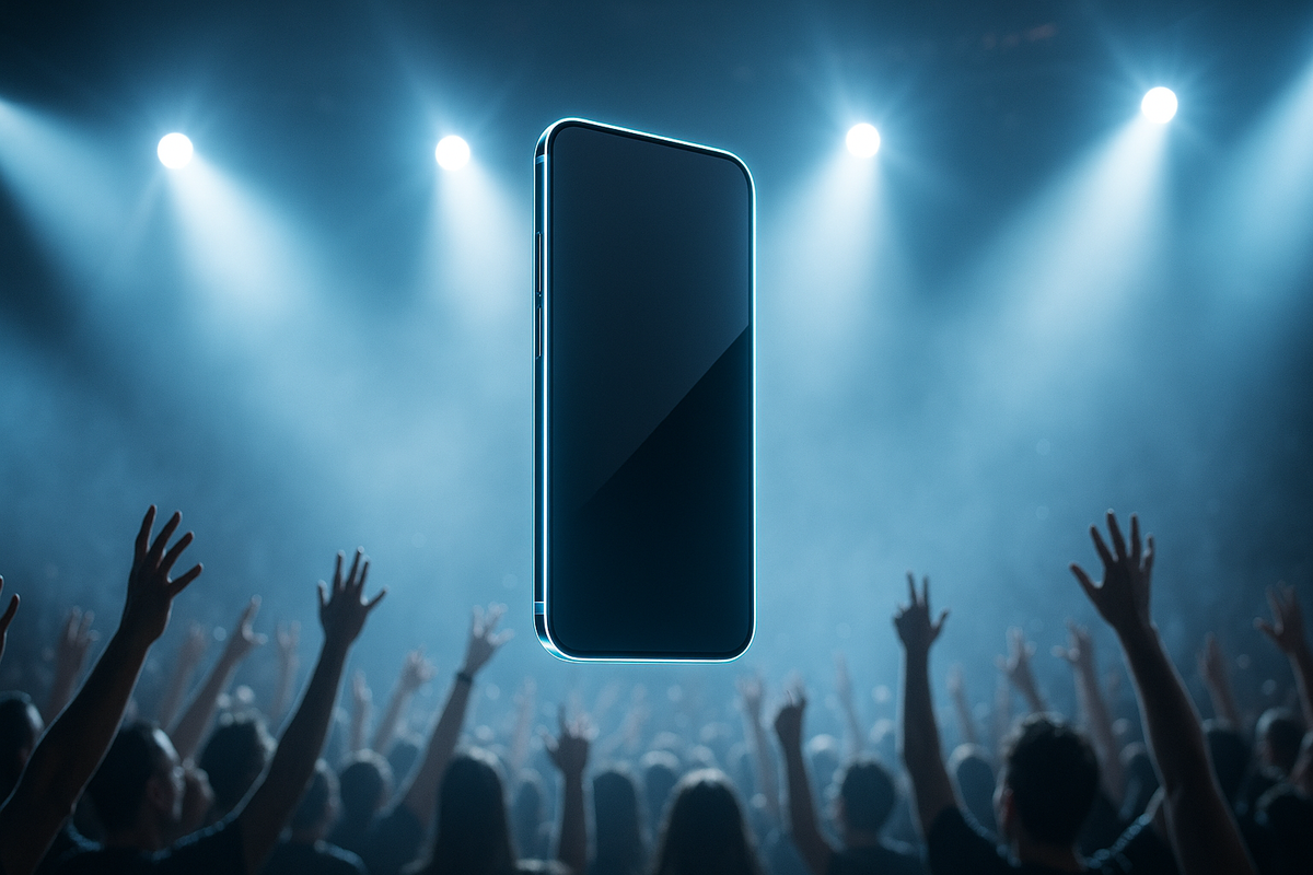 "Futuristic smartphone floating under dazzling stage lights, crowd cheering in awe, capturing the magic of innovation and anticipation"