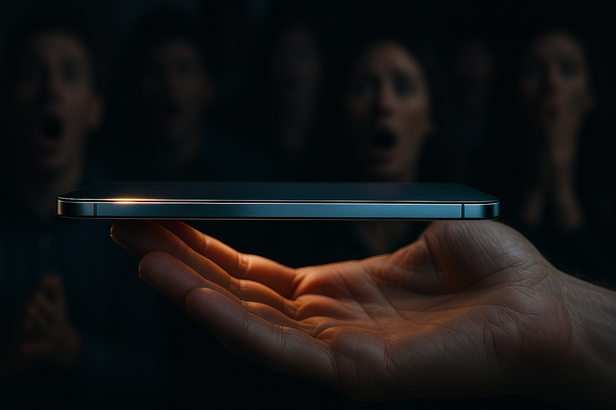 "Close-up of ultra-thin smartphone resting on a hand, surrounded by gasps of amazement, symbolizing cutting-edge elegance and wonder"