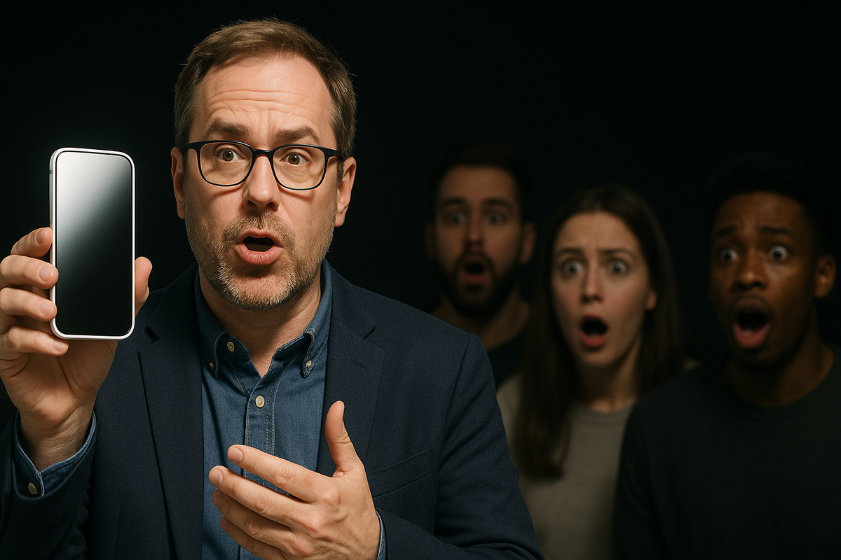 "Close-up of ultra-thin smartphone resting on a hand, surrounded by gasps of amazement, symbolizing cutting-edge elegance and wonder"