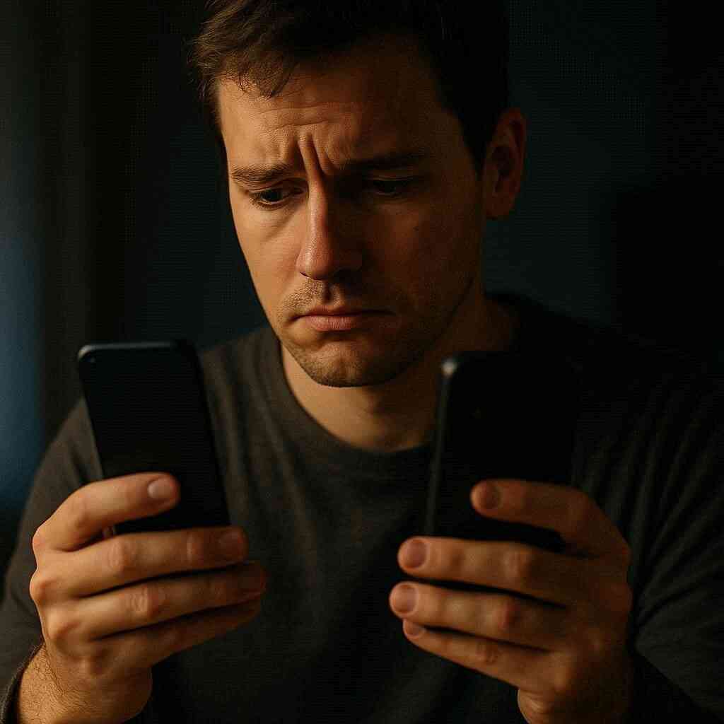 "Conflicted man holding two smartphones, deep in thought, reflecting the tension and drama of making a life-changing choice"