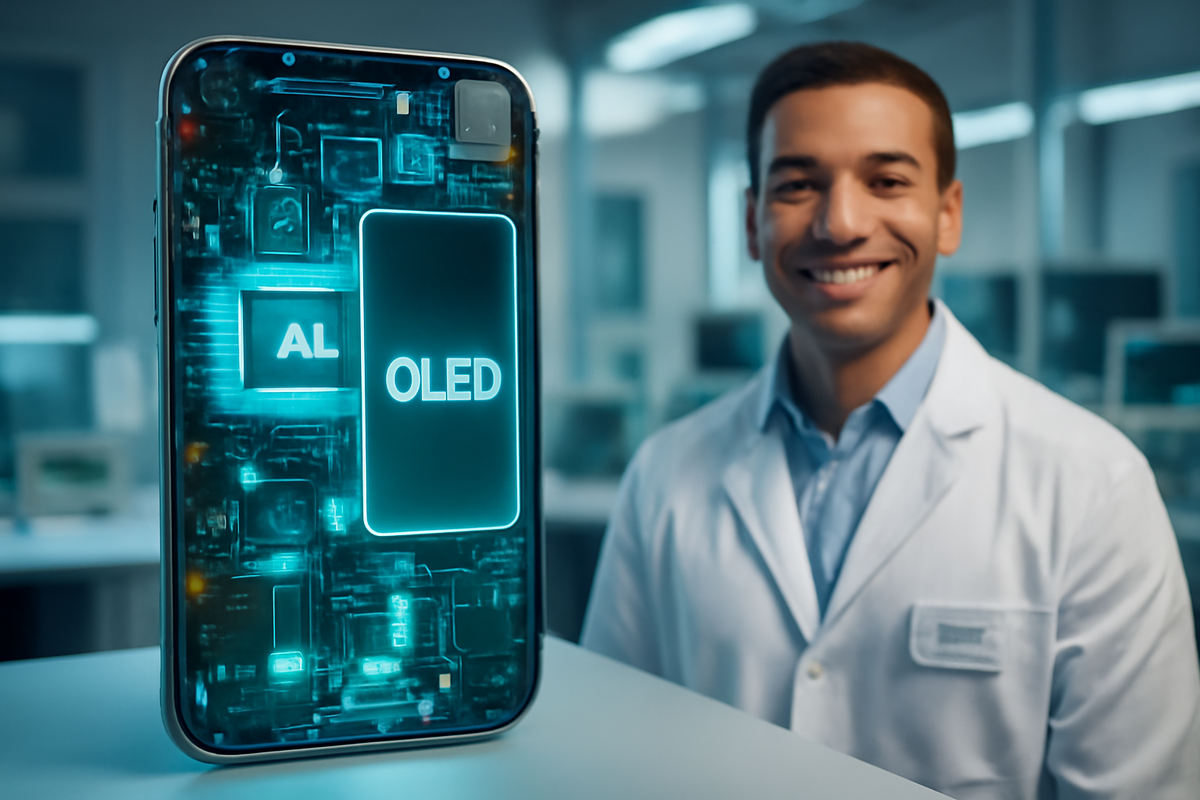 "Scientist smiling beside glowing AI OLED smartphone, radiating futuristic vibes, discovery, and technological triumph"