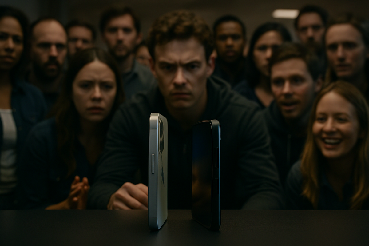 "Two smartphones in a face-off, intense crowd watching with suspense, evoking rivalry, anticipation, and high-stakes drama"