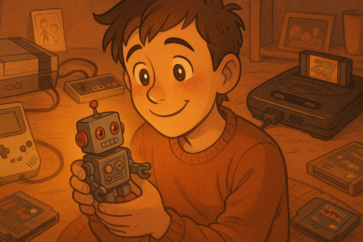 Nostalgic yet excited scene of a small robot character exploring a cozy living room with glowing sunlight, emotional warmth and curiosity, no trademarks