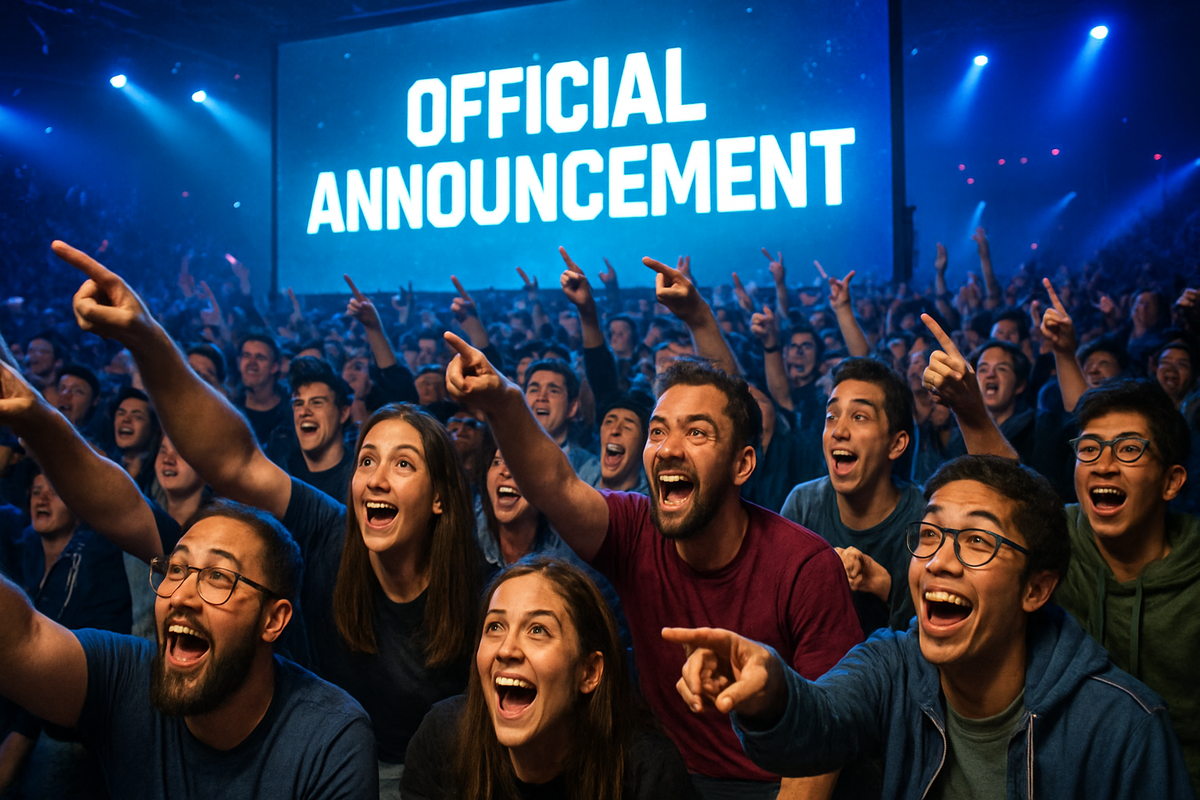 Dramatic spotlight on a stage where a game announcement is revealed to cheering fans, confetti and glowing screens, high excitement, no trademarks