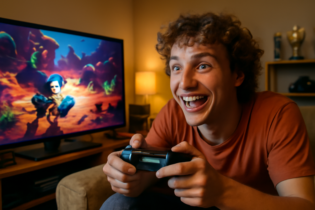 Joyful child and adult playing a small robot-themed game together on a bright couch, shared laughter and connection, no trademarks