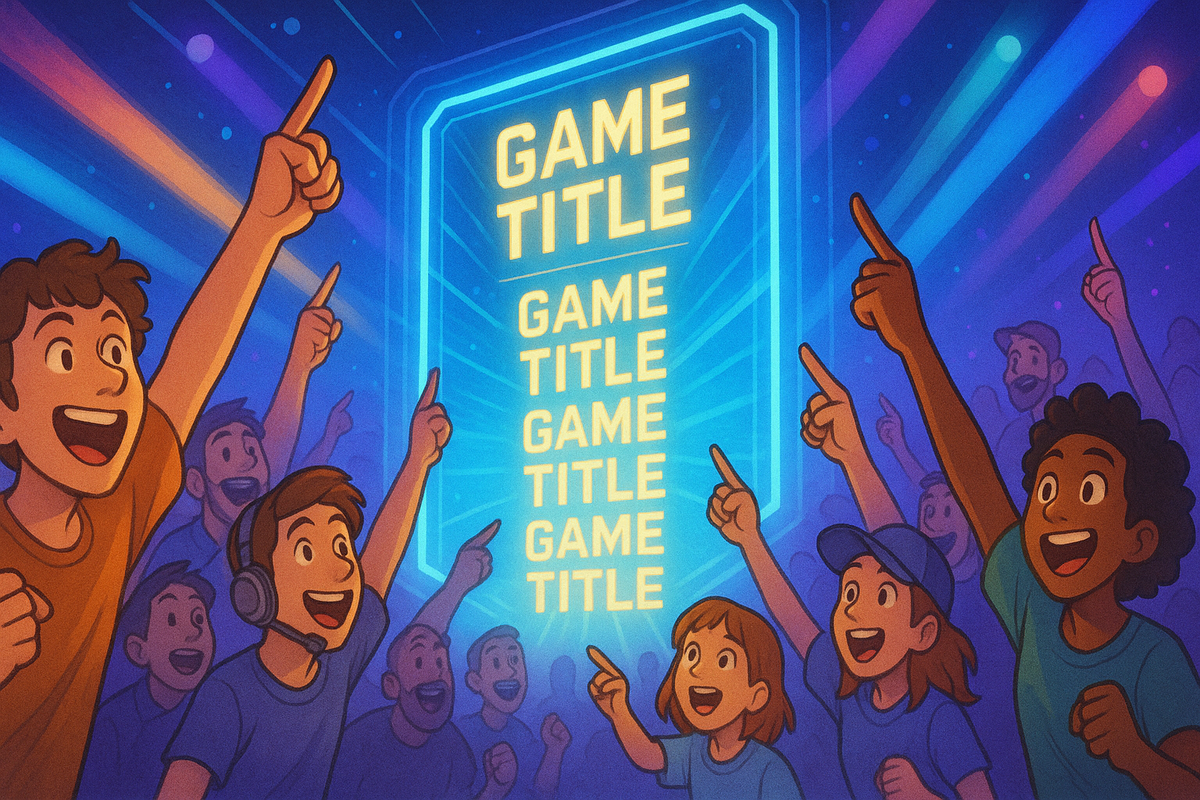 Wide shot of a crowd cheering with raised arms in front of a giant glowing game selection screen, colorful light effects, ecstatic expressions, confetti in the air
