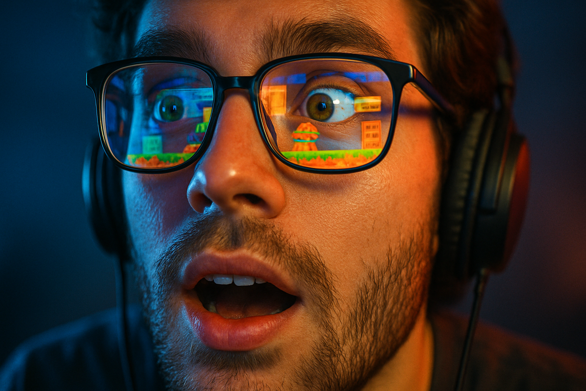 Close-up of a gamer’s face glowing from the vivid light of a high-definition screen, jaw slightly dropped in awe, controller gripped tightly, futuristic interface elements in background
