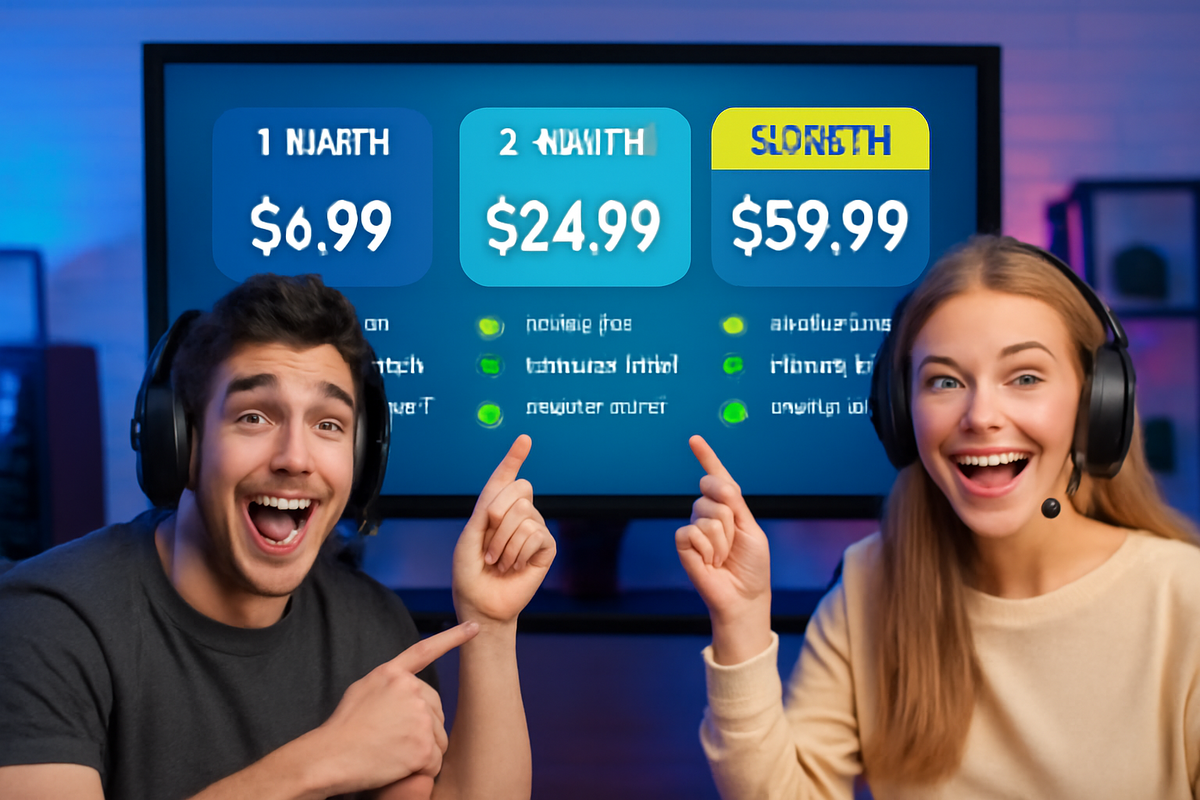 Overjoyed gamer leaning back in a chair, hands in the air, surrounded by floating price tags and discount icons, warm ambient light