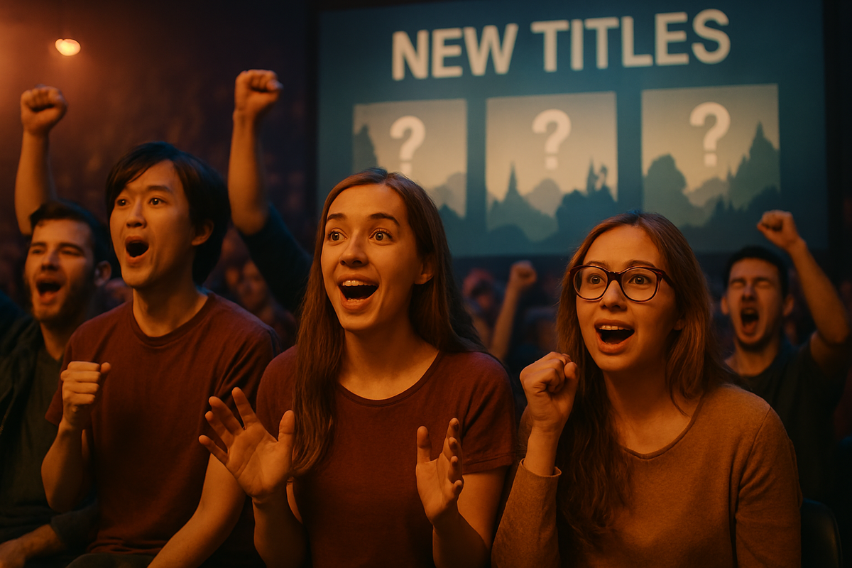 Group of gamers huddled around a table pointing at a bright game roadmap projected in front of them, eyes wide with anticipation, vibrant colors and dynamic lighting