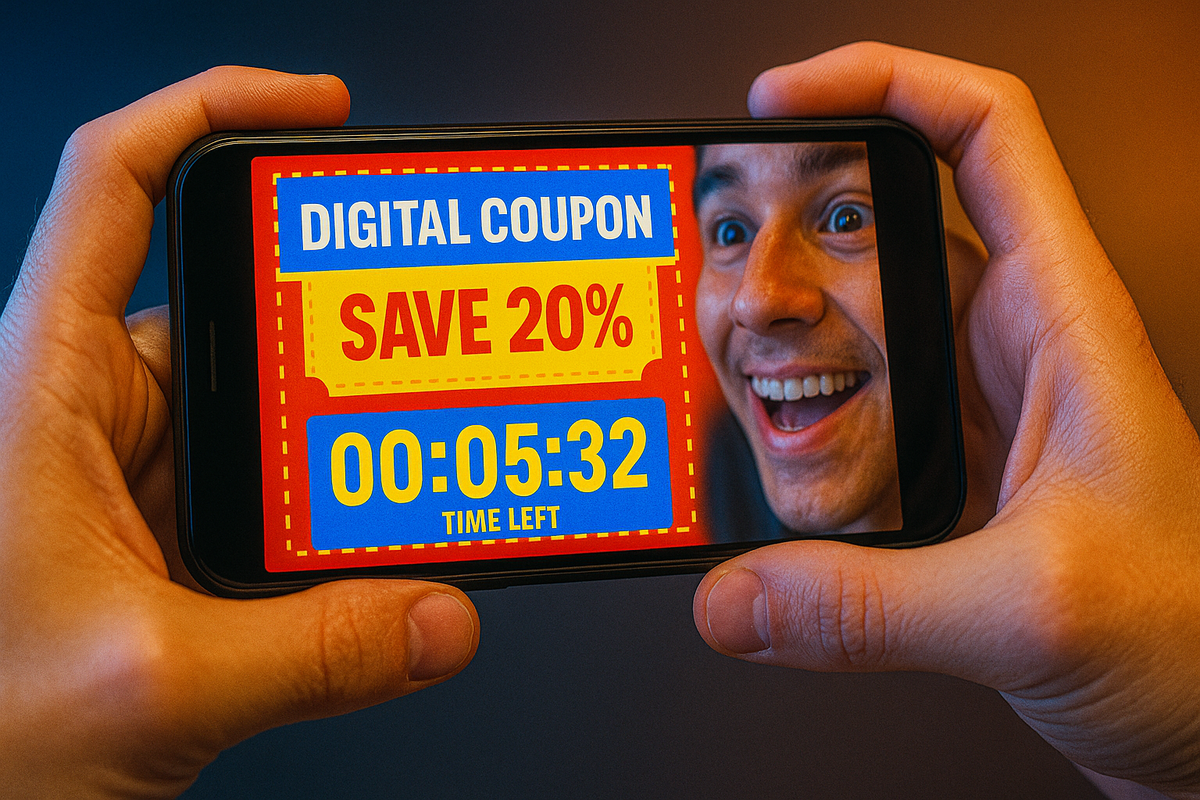 Close-up of a smartphone screen showing a coupon QR code with a hand holding it tightly, bright store lights in the background, intense anticipation on face
