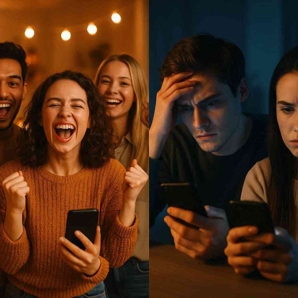 Collage of emotional faces reacting to shocking news on smartphones, mix of joy, frustration, and disbelief, vibrant colors and realistic lighting