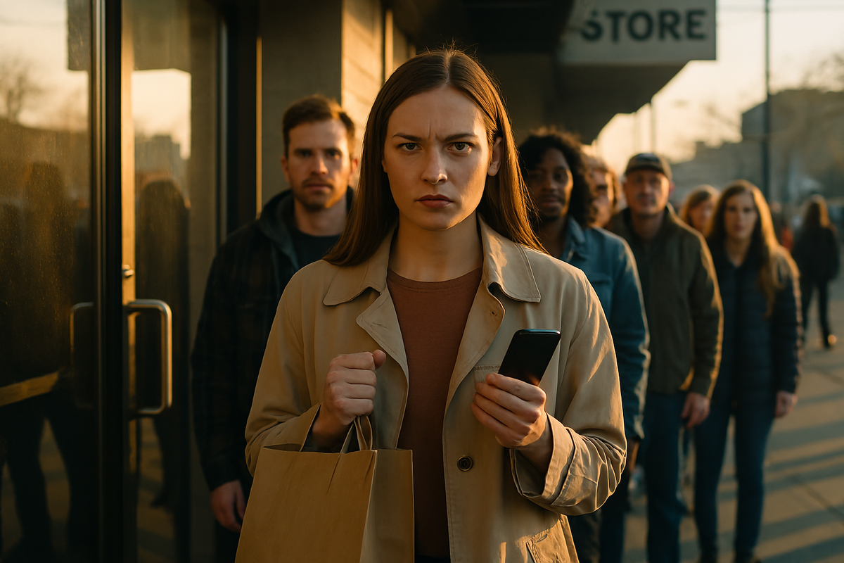 Determined shopper with a focused expression, holding a checklist and phone, standing in front of an electronics store entrance at dawn