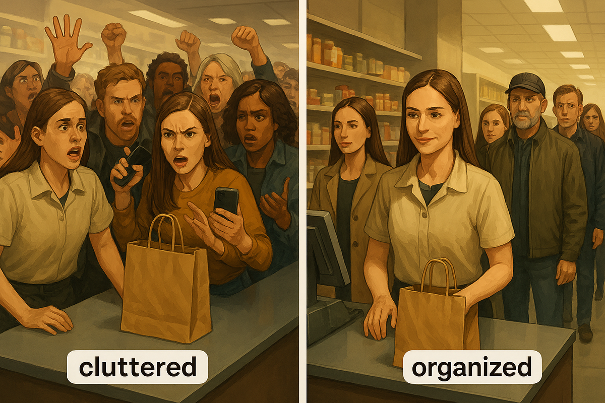 Side-by-side depiction of two stores with different crowds and atmospheres, one bustling and happy, the other calm and quiet, realistic daylight setting