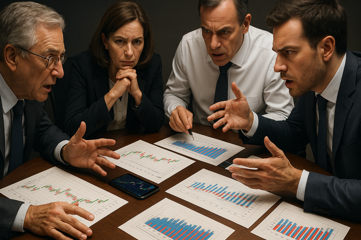 Intense meeting room scene with confident analysts gesturing towards large price charts on a wall screen, expressions showing determination and certainty