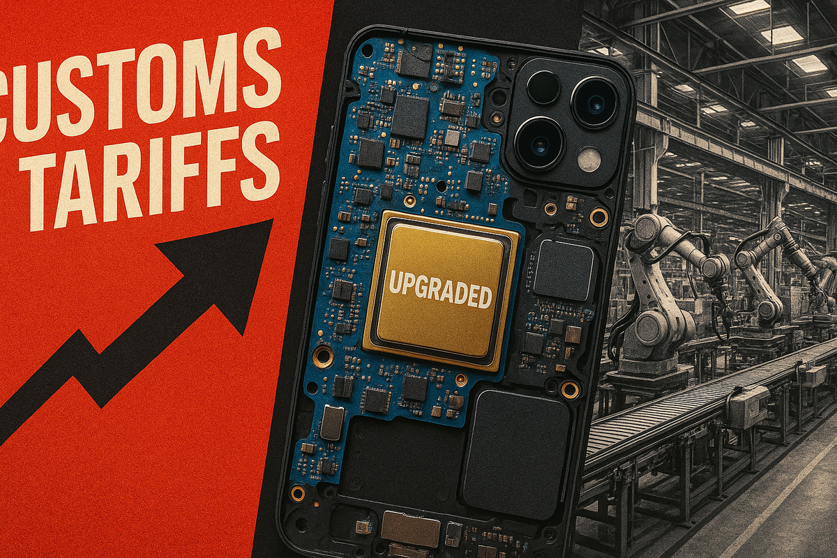 High-stakes collage showing shipping containers at a busy port, close-up of cutting-edge smartphone components, and a factory assembly line, all in dramatic lighting
