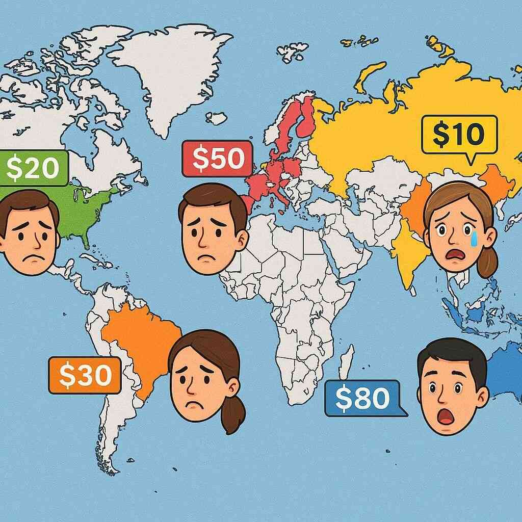 Vivid world map with highlighted countries and glowing price tags hovering above each region, evoking global market anticipation