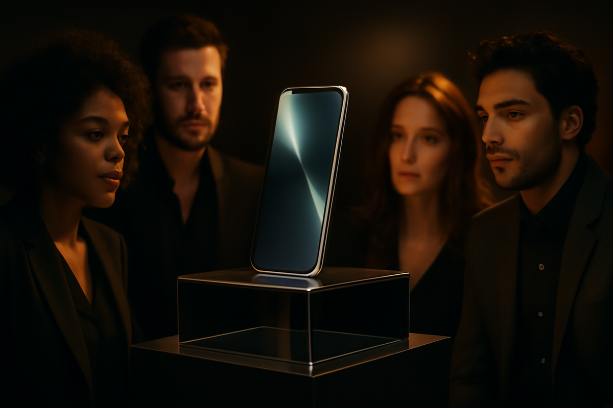 Elegant ultra-thin smartphone placed on a sleek pedestal under dramatic spotlight, emphasizing its slim profile and premium feel
