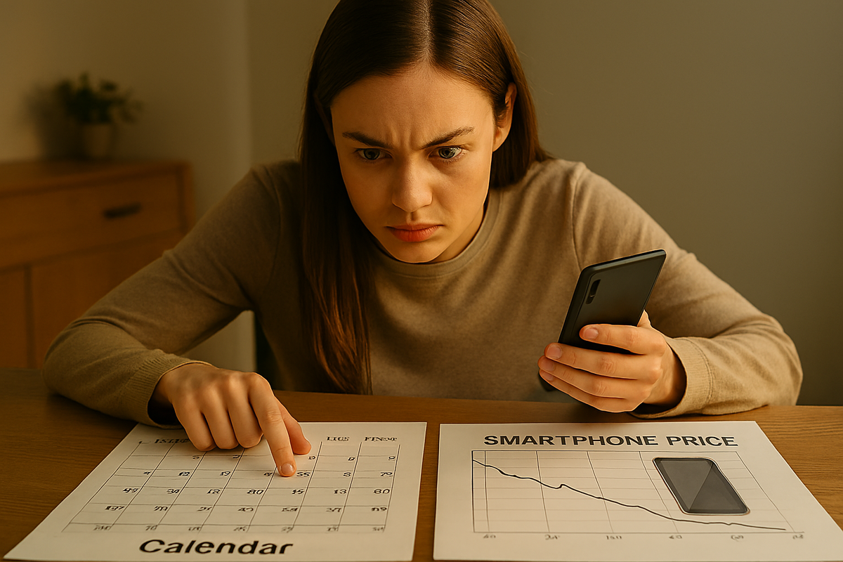 Confident shopper checking a smartphone in one hand while holding a calendar with marked dates in the other, bathed in optimistic morning light