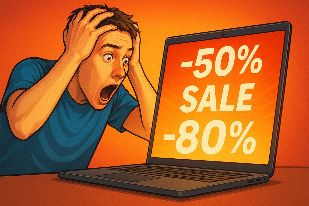 Shocked man clutching his head in disbelief as he sees massive -50% and -80% sale discounts on his laptop screen, overwhelmed by the unbelievable deals.