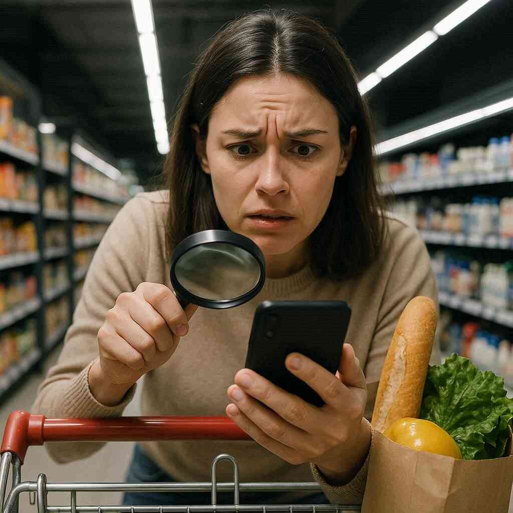 Concerned woman in a grocery store aisle intensely examining her phone through a magnifying glass, searching for answers with visible worry and curiosity.