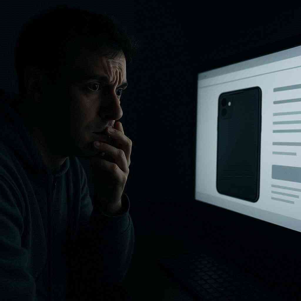 Pensive man sitting in a dark room, staring seriously at a smartphone product page glowing on his computer screen, deep in contemplation about a purchase.