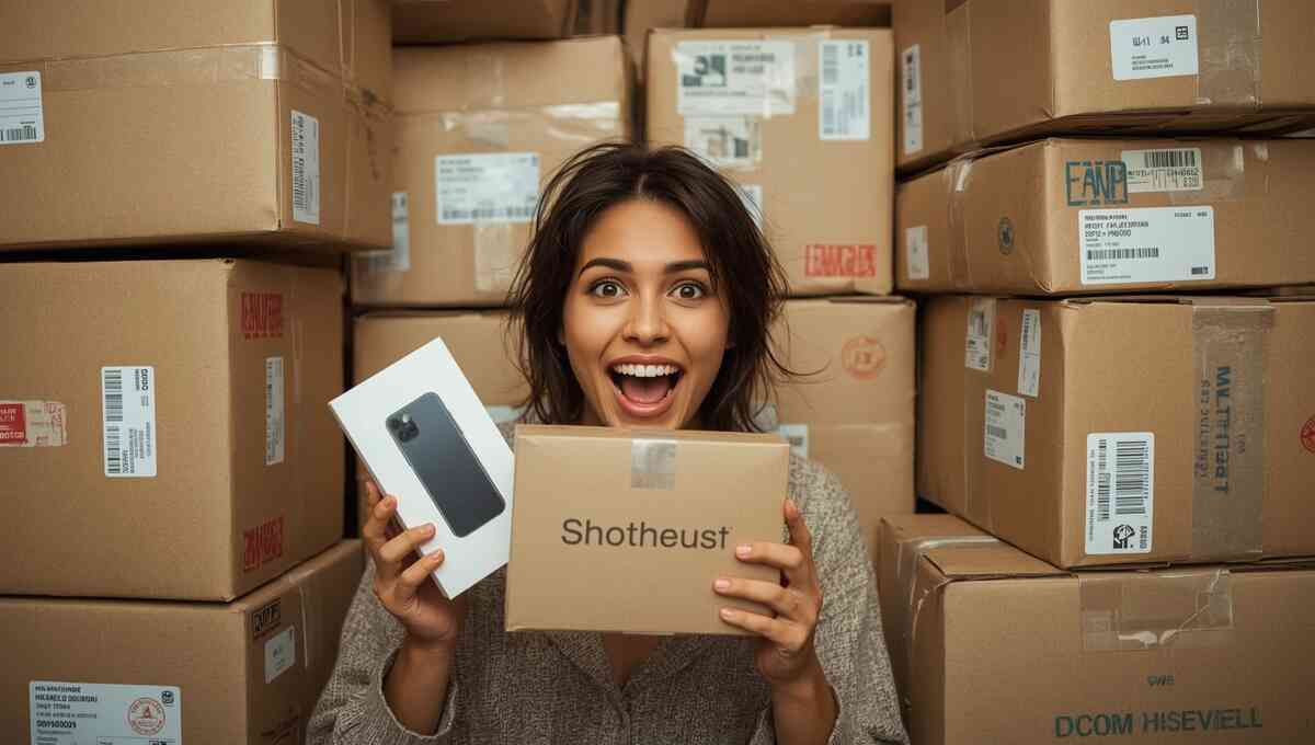 Ecstatic young woman surrounded by towering stacks of cardboard boxes, holding a smartphone box and another package with wide-eyed joy and excitement.