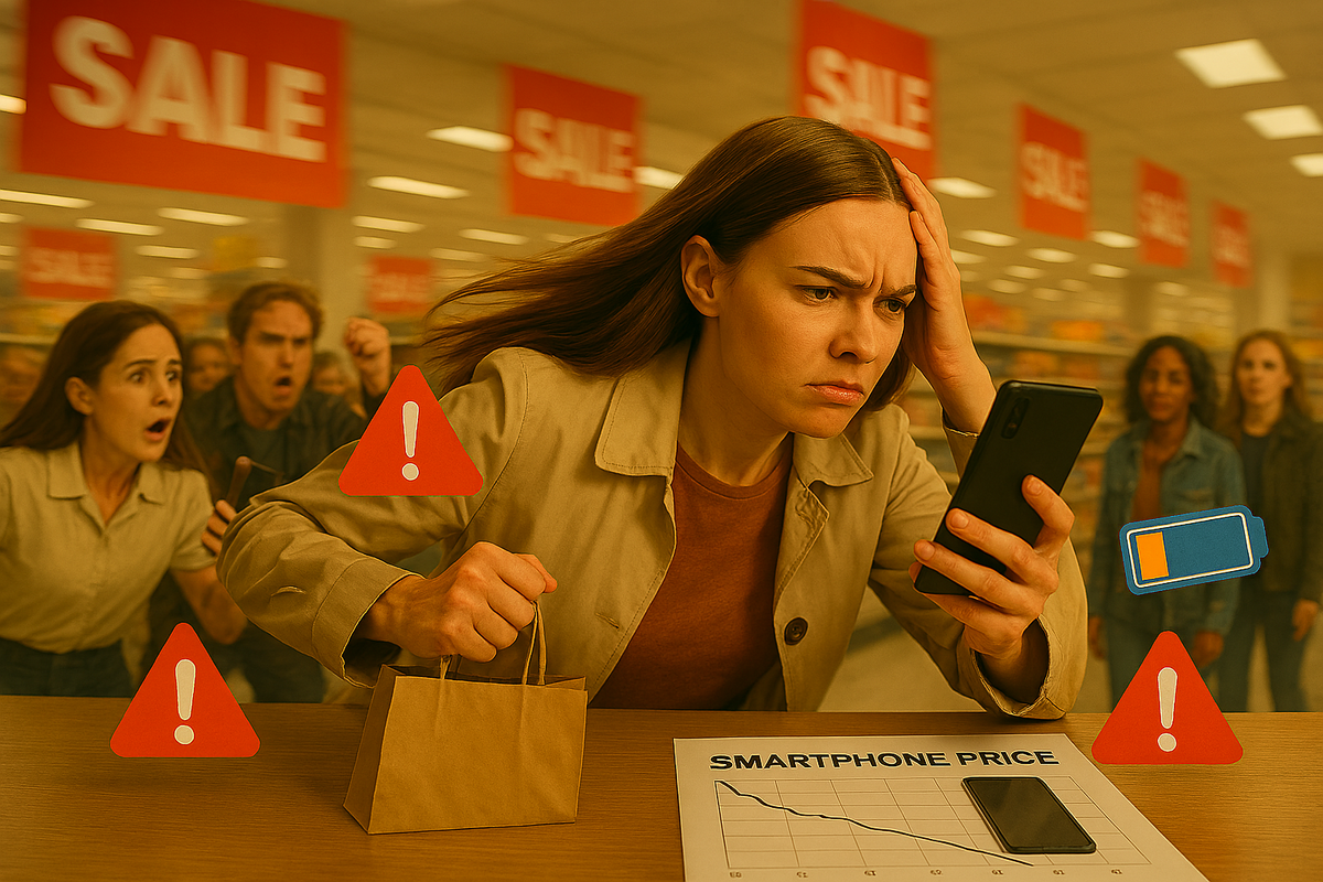 Determined woman gripping a shopping bag while staring at her phone during a big sale rush, urgency and intensity on her face as shoppers race in the background.