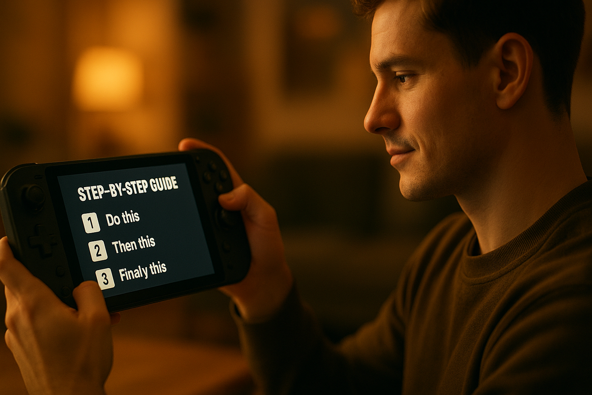 A calm 16:9 scene of a person gently powering off a handheld console with a soft glow, serene atmosphere, detailed fingers pressing power button correctly, no logos or text