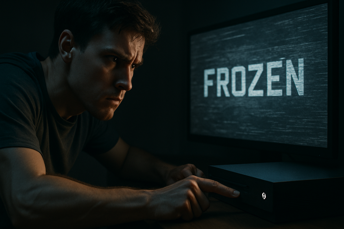 An urgent 16:9 close-up of tense hands pressing and holding console buttons, dramatic lighting, visible beads of sweat, intense atmosphere, no logos or text