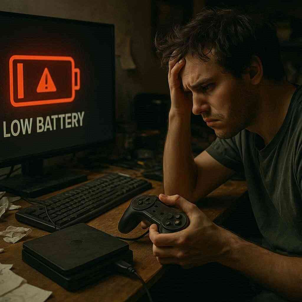 A 16:9 image of a dusty handheld console on a desk with dim light, a worried gamer trying to turn it on, emotional frustration on their face, no logos or text