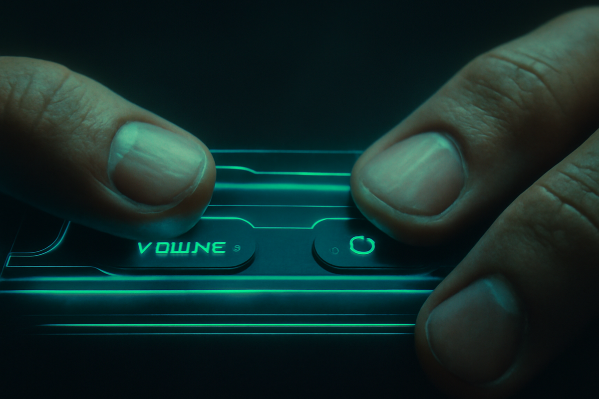 A 16:9 dramatic shot of a gamer entering recovery mode on a handheld console, glowing system menu on screen, intense focus on face, no logos or text