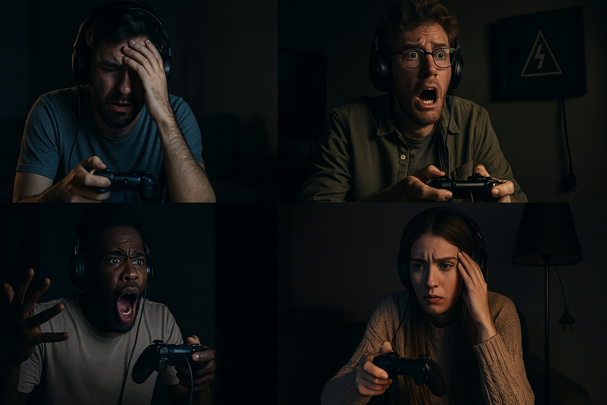 A lively 16:9 collage of gamers reacting with frustration, relief, and surprise while holding handheld consoles, expressive emotions, no logos or text