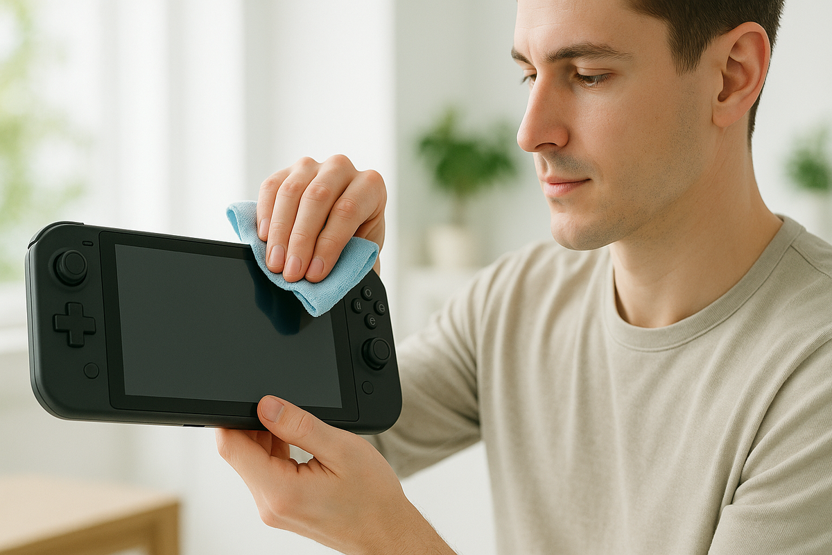 An intense, high-detail scene of hands carefully cleaning a game console rail with compressed air, dust flying in sunlight