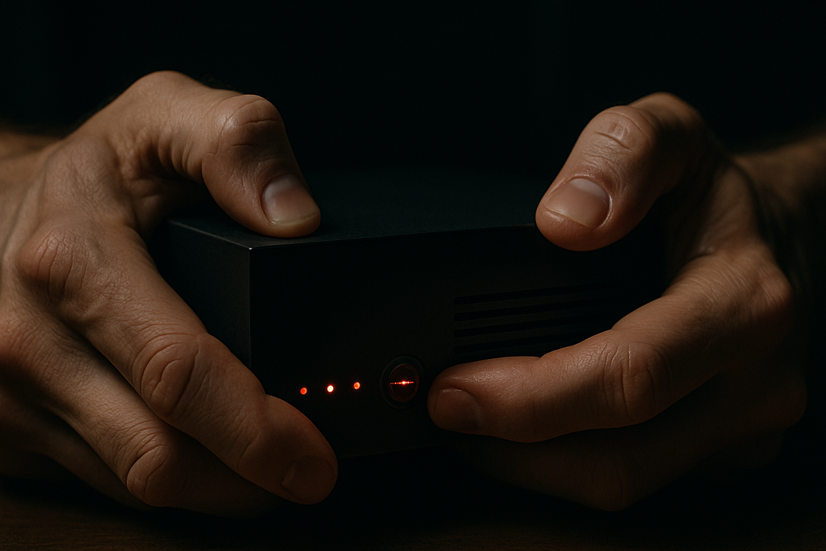 A frustrated gamer mid-action, gripping a controller with determination, bright error icons floating around, dramatic shadows