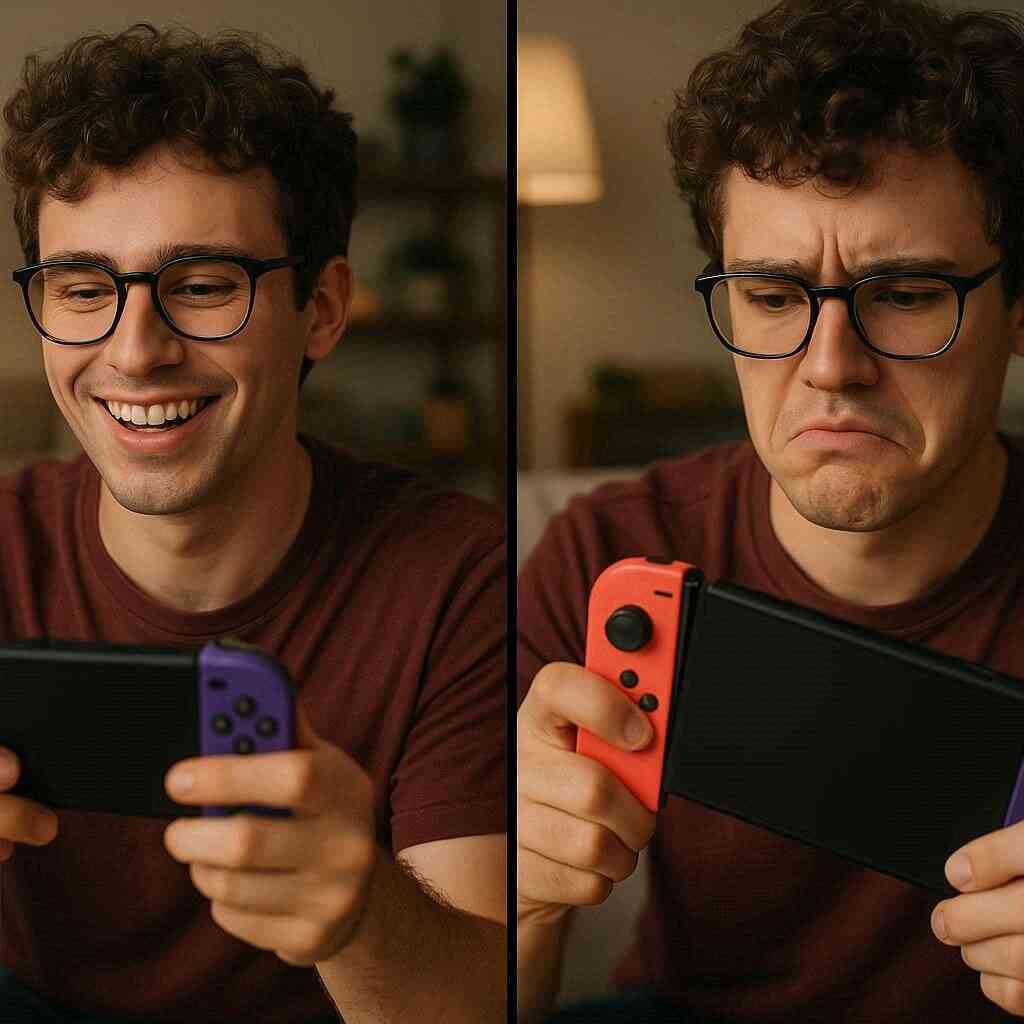 A side-by-side visual of two different controllers, glowing connection lines between them, surprised gamer reaction in background