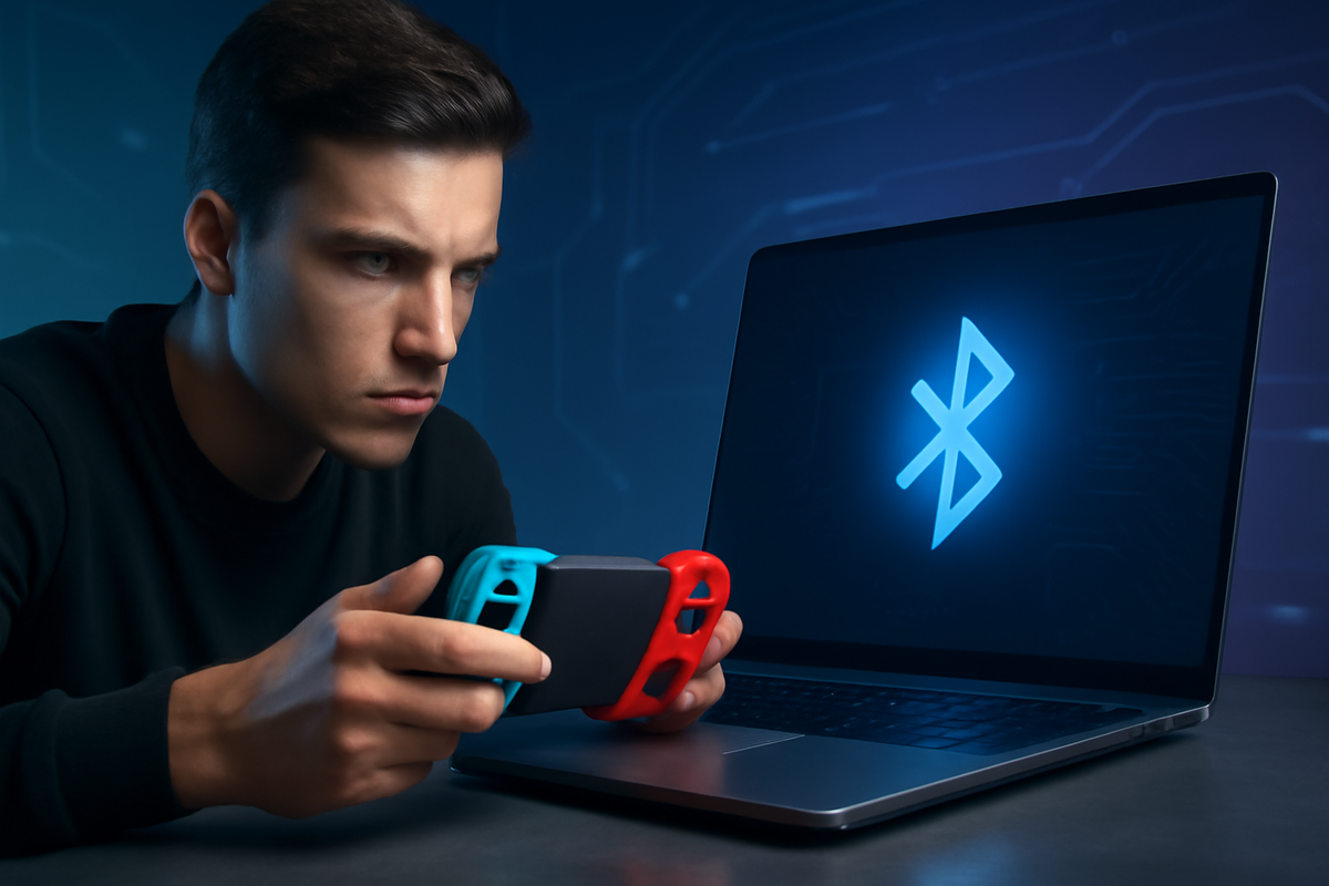 A focused gamer connecting a wireless controller to a sleek laptop, digital waves linking them, futuristic glow