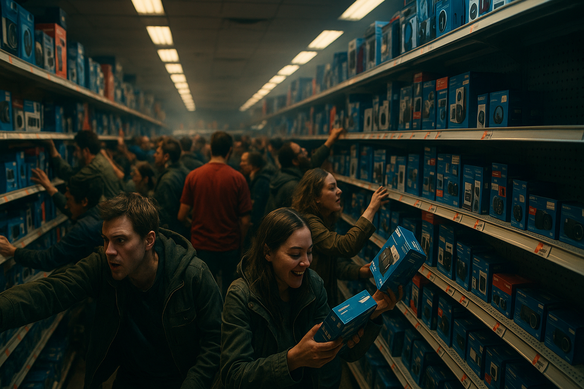 A 16:9 dramatic, emotional scene of a person urgently checking multiple store shelves and online store screens, eyes darting between devices, feeling the rush of a time-limited hunt, no brands visible