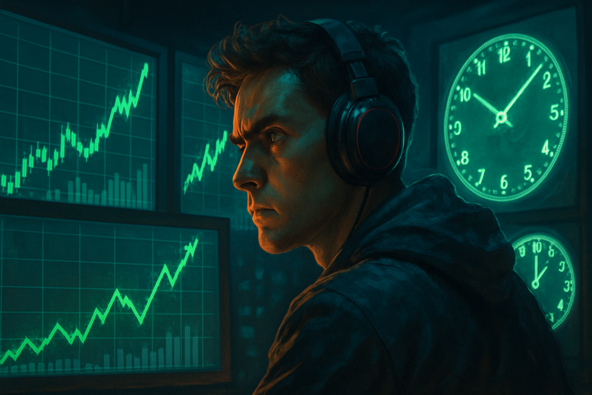 A 16:9 tense moment of a gamer watching a countdown timer on a glowing screen, heartbeat visible in posture, surrounded by charts and data showing stock patterns, no logos