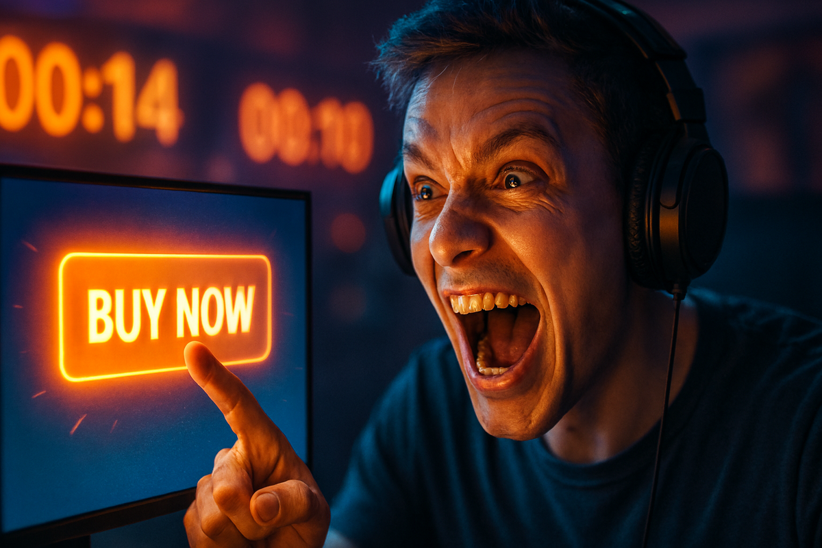 A 16:9 adrenaline-filled moment of a gamer hitting the buy button on a glowing laptop, surrounded by multiple devices, victorious expression, no brands
